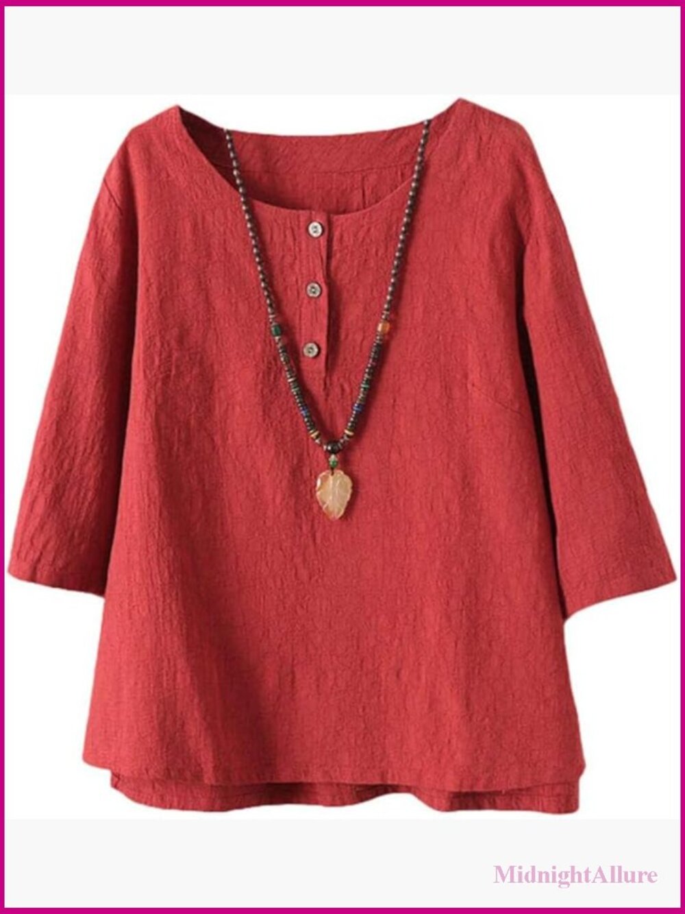 3/4 Sleeve Cotton Linen Blouse Top Jacquard Button Down